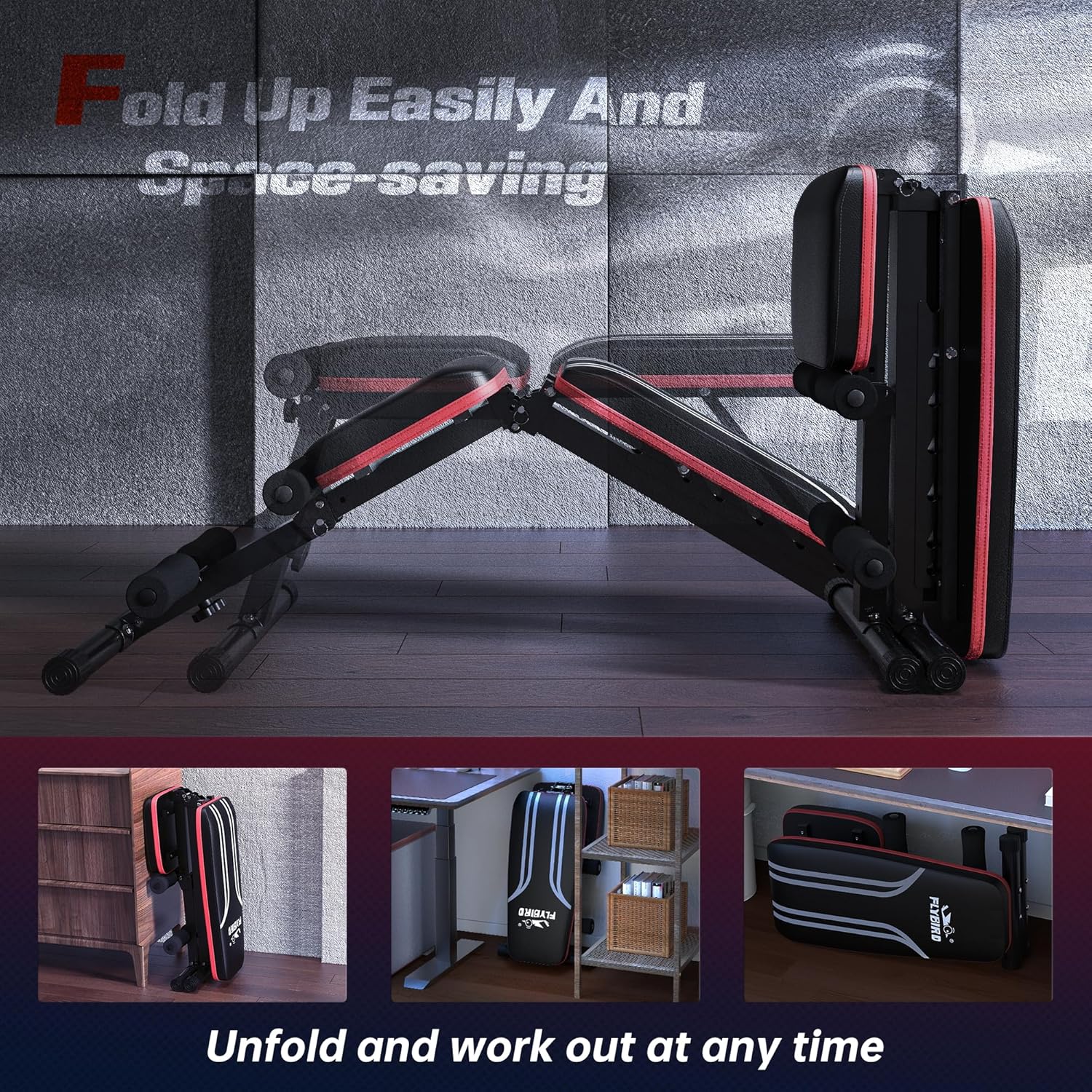 FLYBIR Foldabl Weigh Benc wit Resistanc Bands Backrest Fas Adjustabl FI fo Hom Gy Ful Bod Workout Eas t Storag fo Smal Apartment