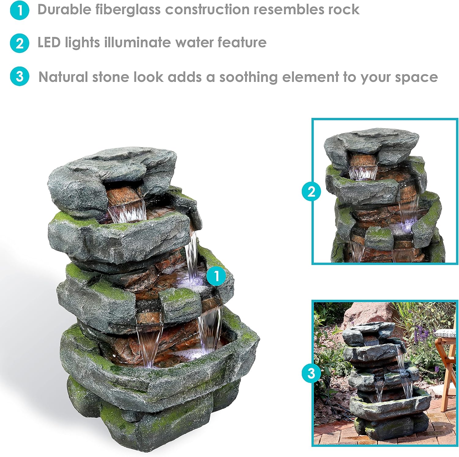 Sunnydaz Stacke Shal Roc 38-Inc Waterfal Fountai wit LE Light Electri Submersibl Pump