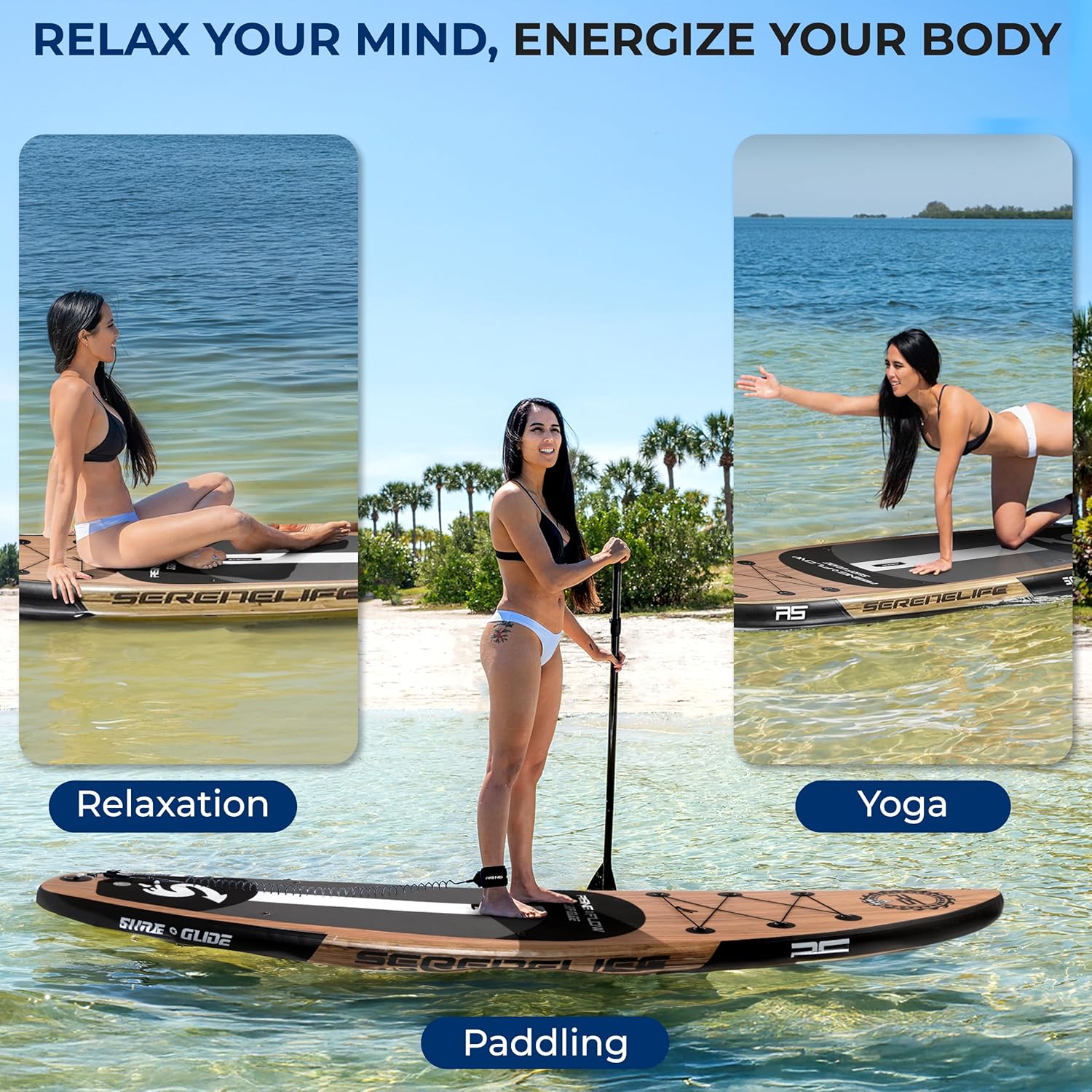 SereneLife Inflatable Stand Up Paddle Board with Premium SUP Accessories ¨C Wide Stable Design with Non-Slip EVA Deck Pad for Adults and Youth of All Skill Levels, 350 lbs Capacity