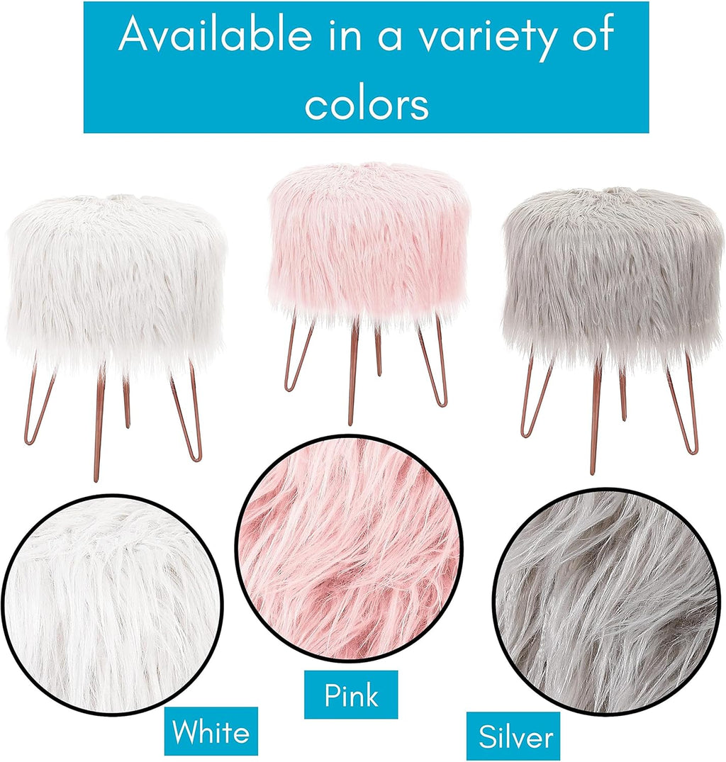 BIRDROCK HOME Pink Faux Fur Vanity Stool Chair - Soft Furry Compact Padded Seat - Vanity, Living Room, Bedroom and Kids Room Chairs - Hair Pin Metal Legs Upholstered Decorative Furniture Foot Rest
