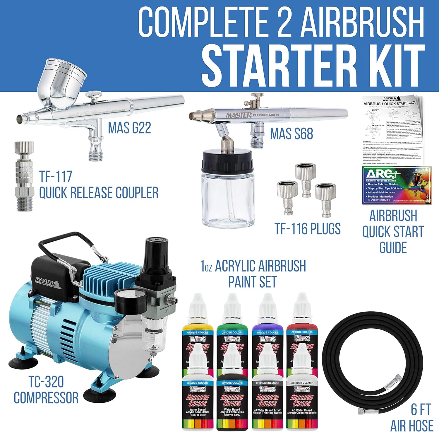 Maste Airbrus Coo Runne I Ai Brus Ki wit Ai Compresso Dua Fan Gravit Sipho Fee Airbrus Set Colo Acryli Paint Primar Opaqu Colors How-T Guid Manual