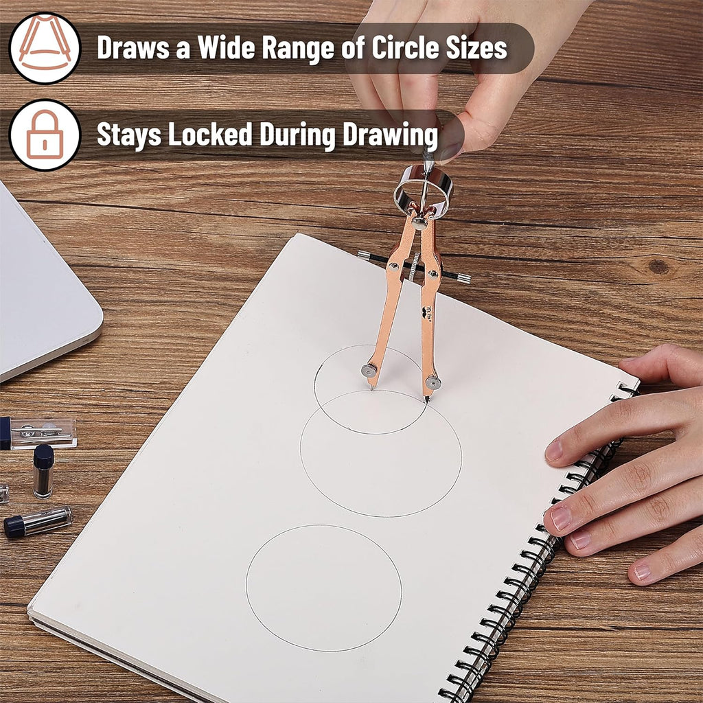 Professional Geometry Compass - Rose Gold, Metal with Lock, Drawing Drafting Compass - Extra Leads Included