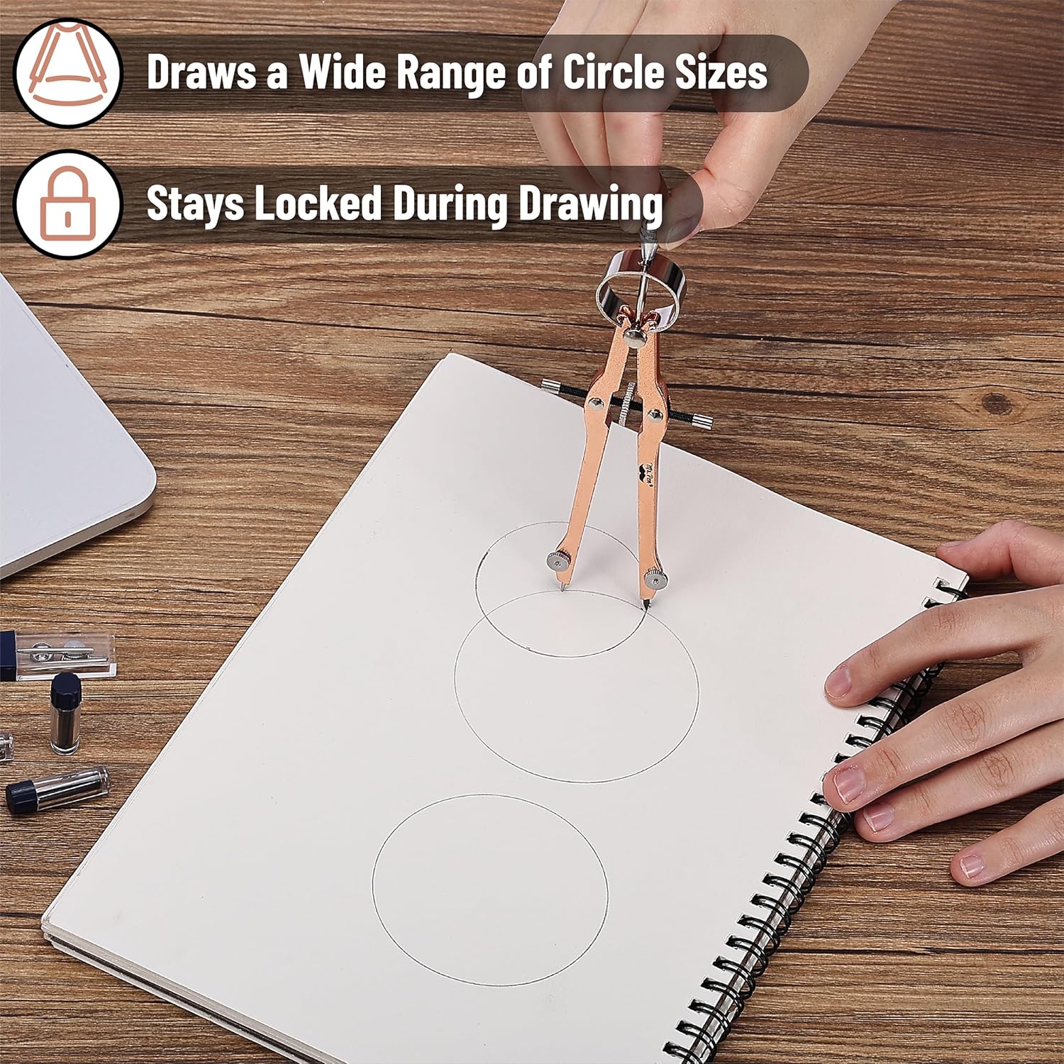 Professional Geometry Compass - Rose Gold, Metal with Lock, Drawing Drafting Compass - Extra Leads Included