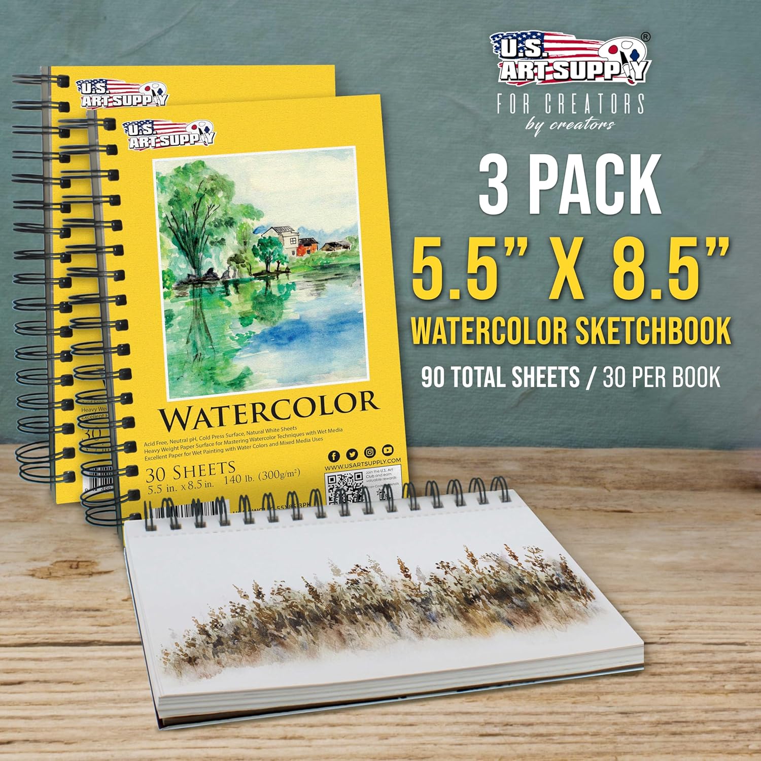 U.S. Art Supply 5.5inch x 8.5inch Premium Heavyweight Watercolor Paper Pad, Pack of 3 (30 Sheets Each), 140lb (300gsm) - Spiral Bound, Cold Pressed, Acid-Free, Wet, Water Color Paper - For Artists, Students