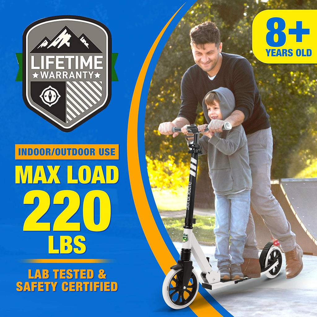 SereneLife Two Wheel Scooter for Teens, Smooth Gliding Kick Scooter for Adults w/Adjustable Height for Ages 8+, Portable All Terrain Scooter w/Carry Straps, Easy to Fold