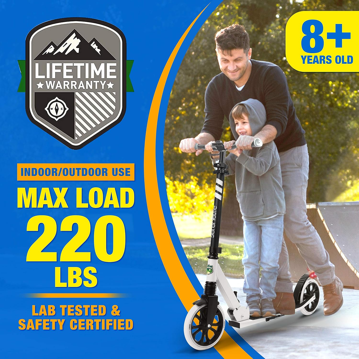 SereneLife Two Wheel Scooter for Teens, Smooth Gliding Kick Scooter for Adults w/Adjustable Height for Ages 8+, Portable All Terrain Scooter w/Carry Straps, Easy to Fold