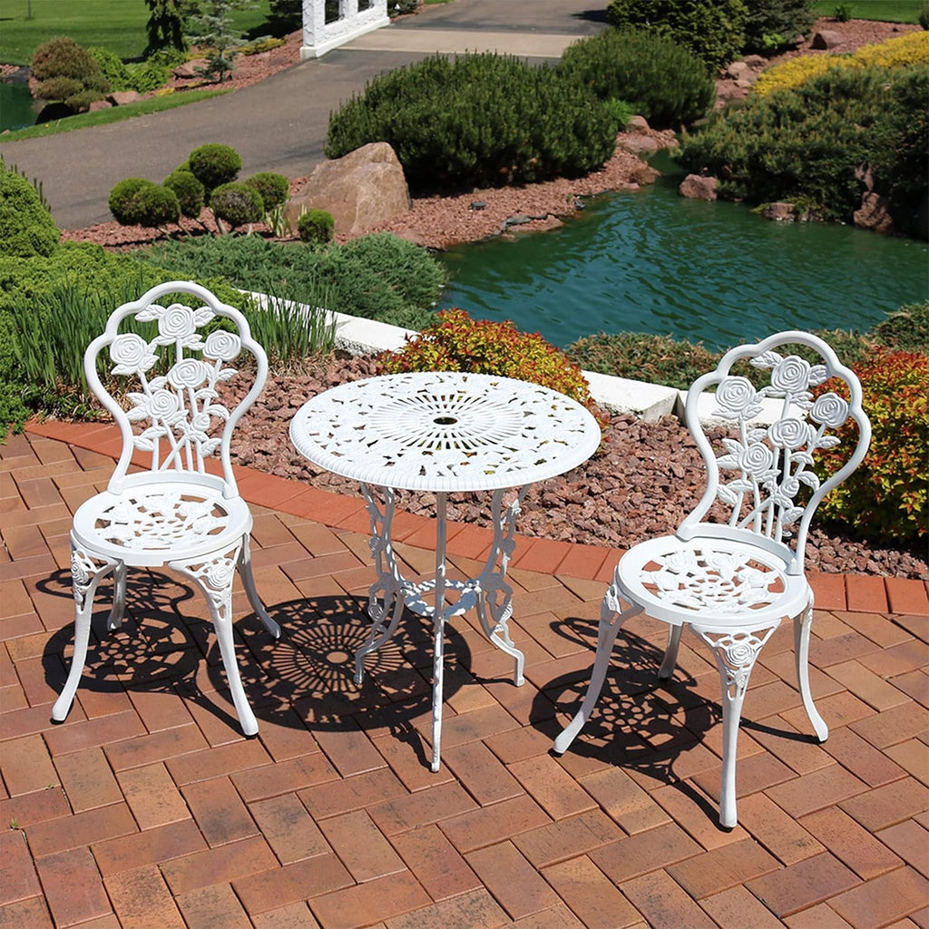 Sunnydaz 3-Piec Flowe Designe Bistr Tabl Se wit Chairs Outdoo Cas Aluminum White