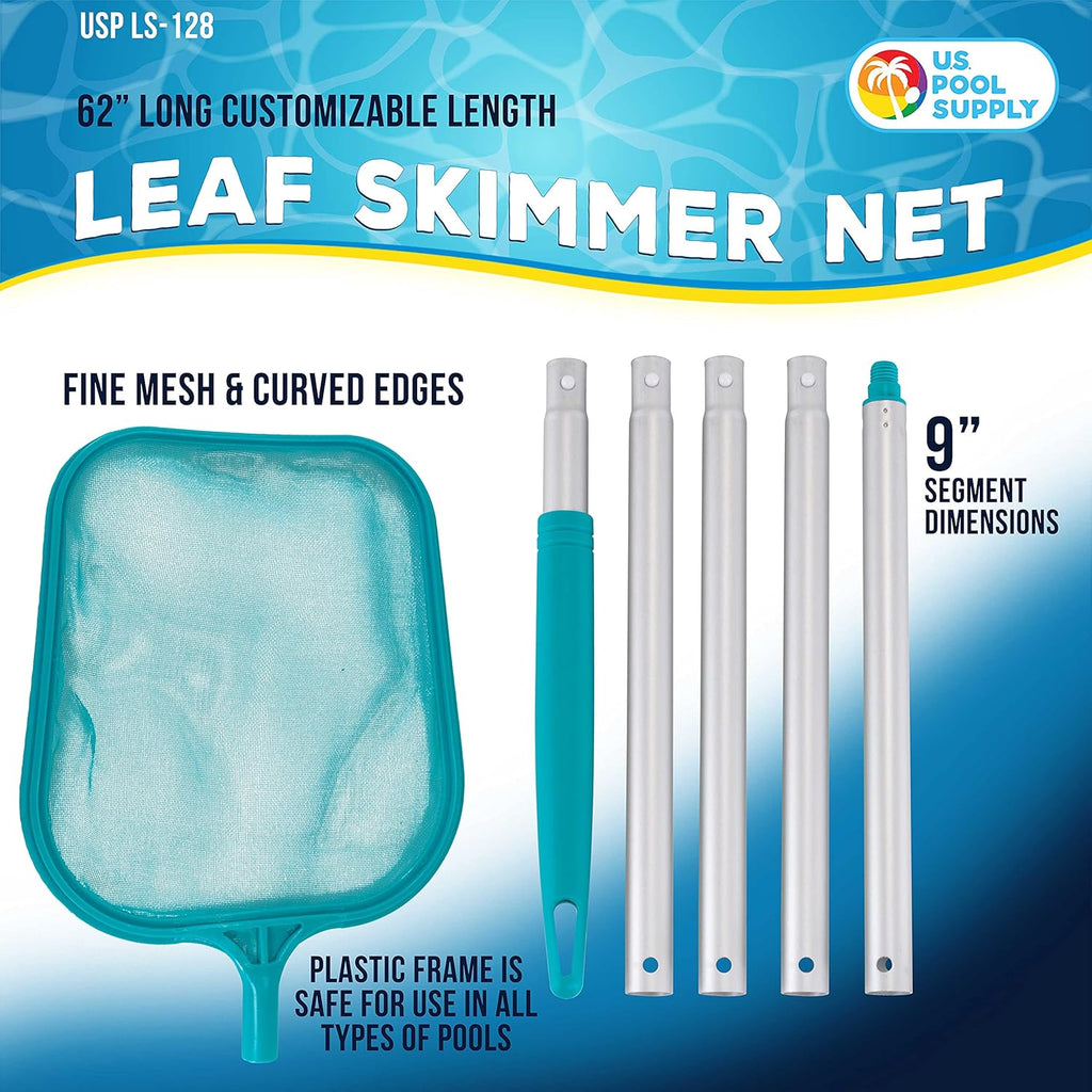 U.S. Pool Supply Swimming Pool 4 Foot Leaf Skimmer Net with 4 Connecting Aluminum Pole Sections - Fine Mesh Netting for Fast Cleaning of Debris - Clean Spas Ponds