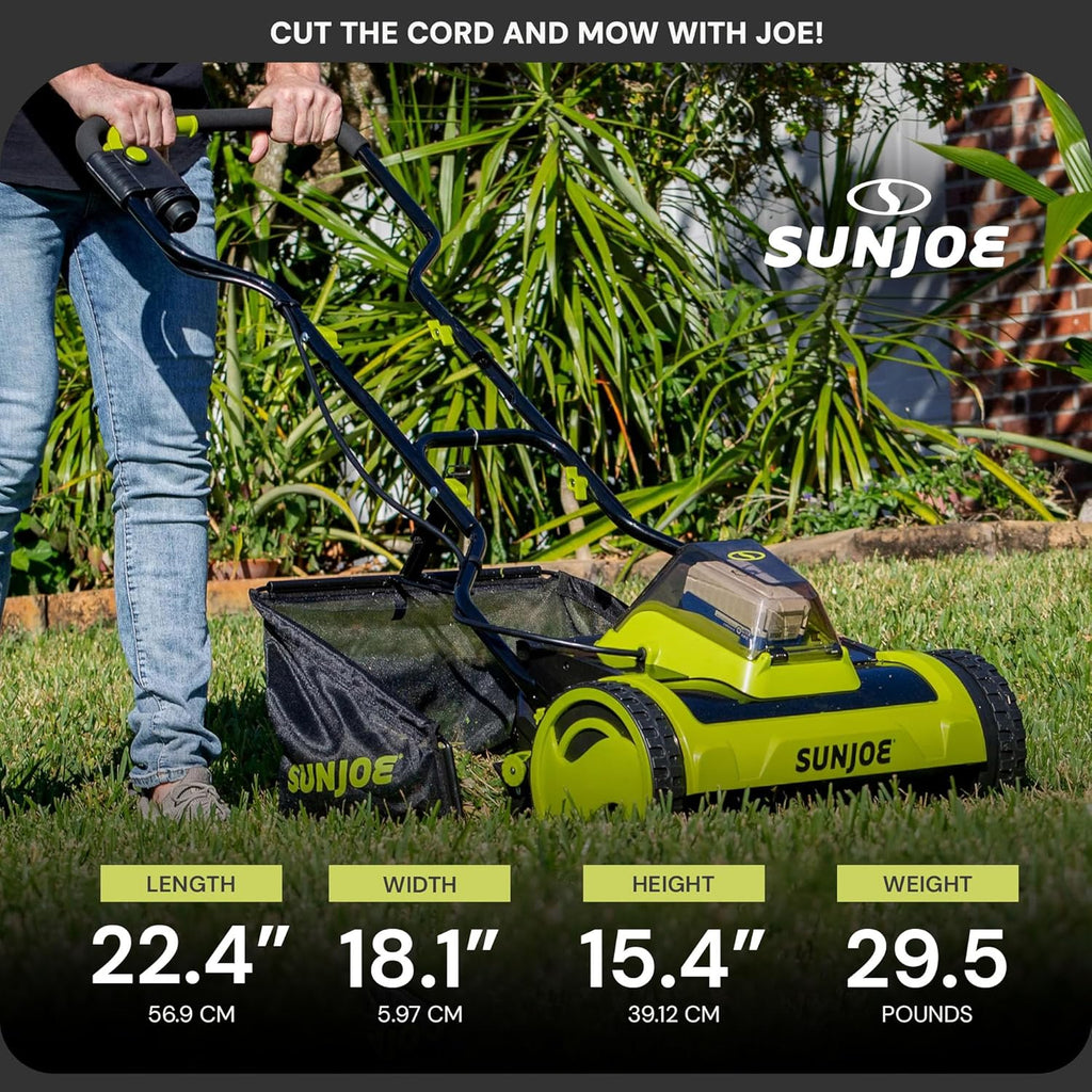 Sun Joe Cordless Electric Push Lawn Mower with 11.9-Gal Bag, 15-Inch Cutting Width, 360W Motor - Heavy-Duty Yard Trimmer for Gardening Care and Maintenance, IONMAX 24V-CRLM15