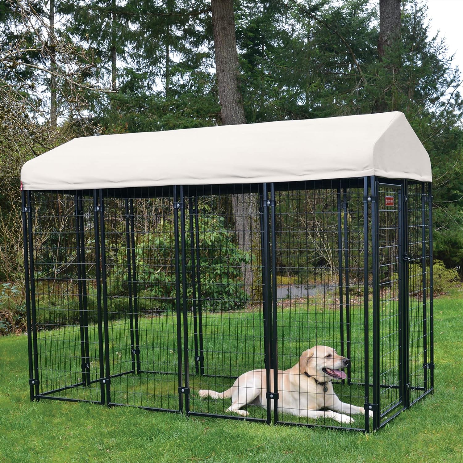 Lucky Dog Stay Series 4 x 8 Feet Villa Black Powder Coat Steel Frame Large Outdoor Dog Kennel with Waterproof Canopy Roof and Single Gate Door, Khaki