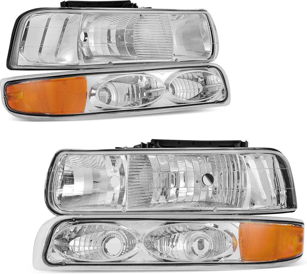 AUTOSAVER88 Headlight Assembly Compatible with 1999 2000 2001 2002 Chevy Silverado 1500 2500 Headlamp Pair Chrome Housing Amber Reflector