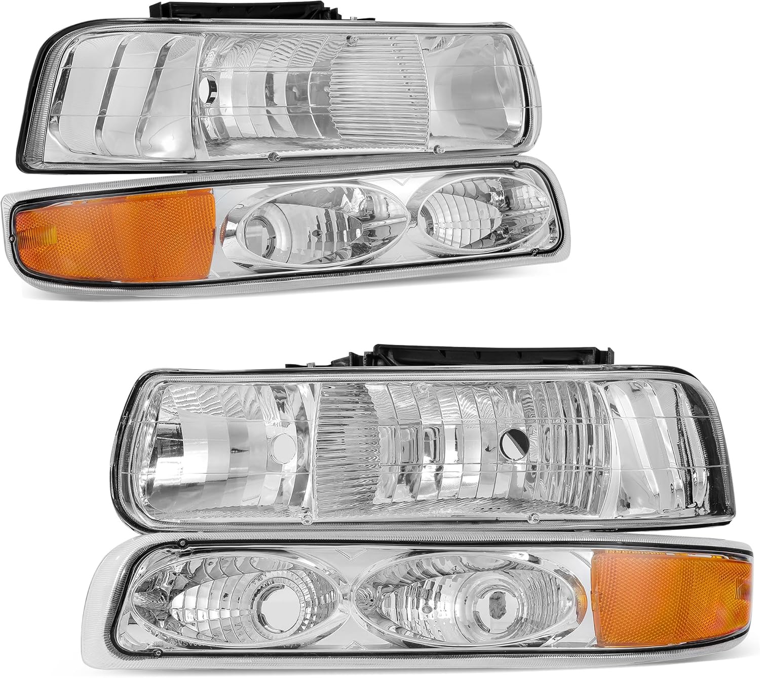 AUTOSAVER88 Headlight Assembly Compatible with 1999 2000 2001 2002 Chevy Silverado 1500 2500 Headlamp Pair Chrome Housing Amber Reflector