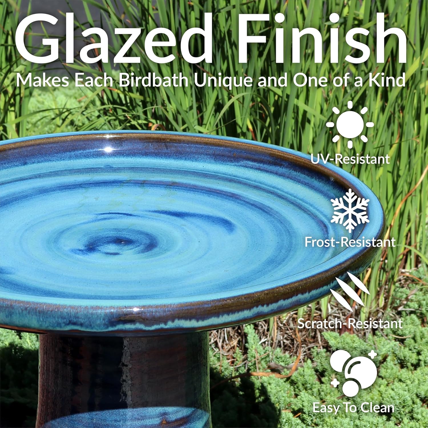 Sunnydaze 21inch H Ceramic Bird Bath for Outside - Hand-Painted Outdoor Bird Bath Bowl, UV/Frost-Resistant Finish - Galaxy Blue - Classic Pedestal