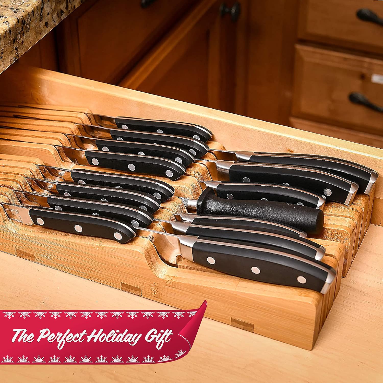Homemai Livin I Drawe Knif Bloc Bamboo Hold 1 Knive Knif Sharpene Slot Knif Organize fo Kitche Drawer Knif Drawe Organizer Drawe Insert Drawe Knif Holde (2inc tall 17inc deep)