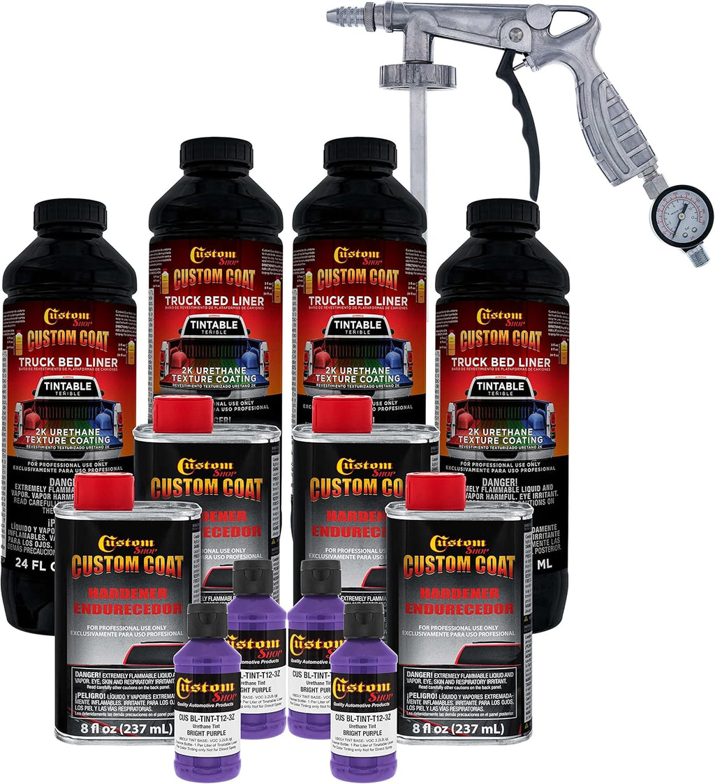 Custom Coat Bright Purple 1 Gallon Urethane Spray-On Truck Bed Liner Kit with Spray Gun and Regulator - Easy Mixing, Shake, Shoot It - Durable Textured Protective Coating, Prevent Rust - Car, Auto