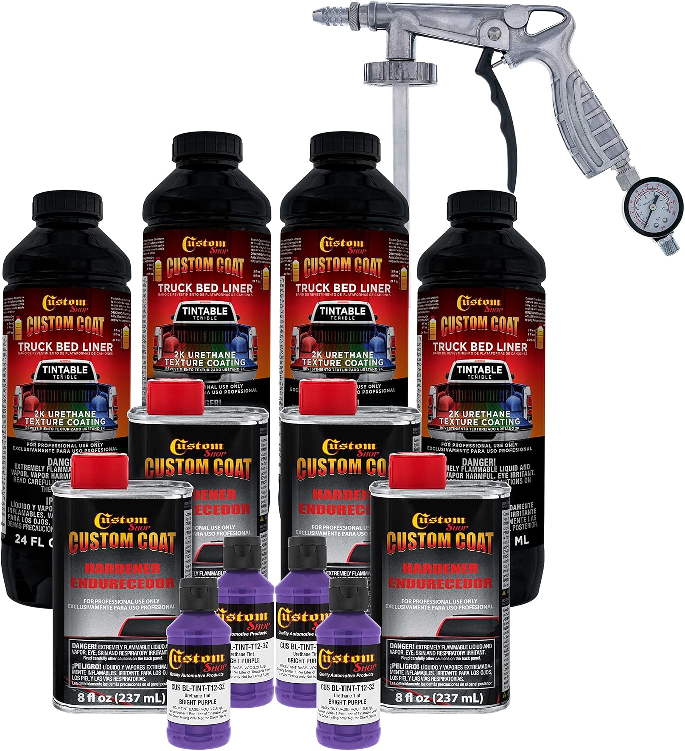 Custom Coat Bright Purple 1 Gallon Urethane Spray-On Truck Bed Liner Kit with Spray Gun and Regulator - Easy Mixing, Shake, Shoot It - Durable Textured Protective Coating, Prevent Rust - Car, Auto
