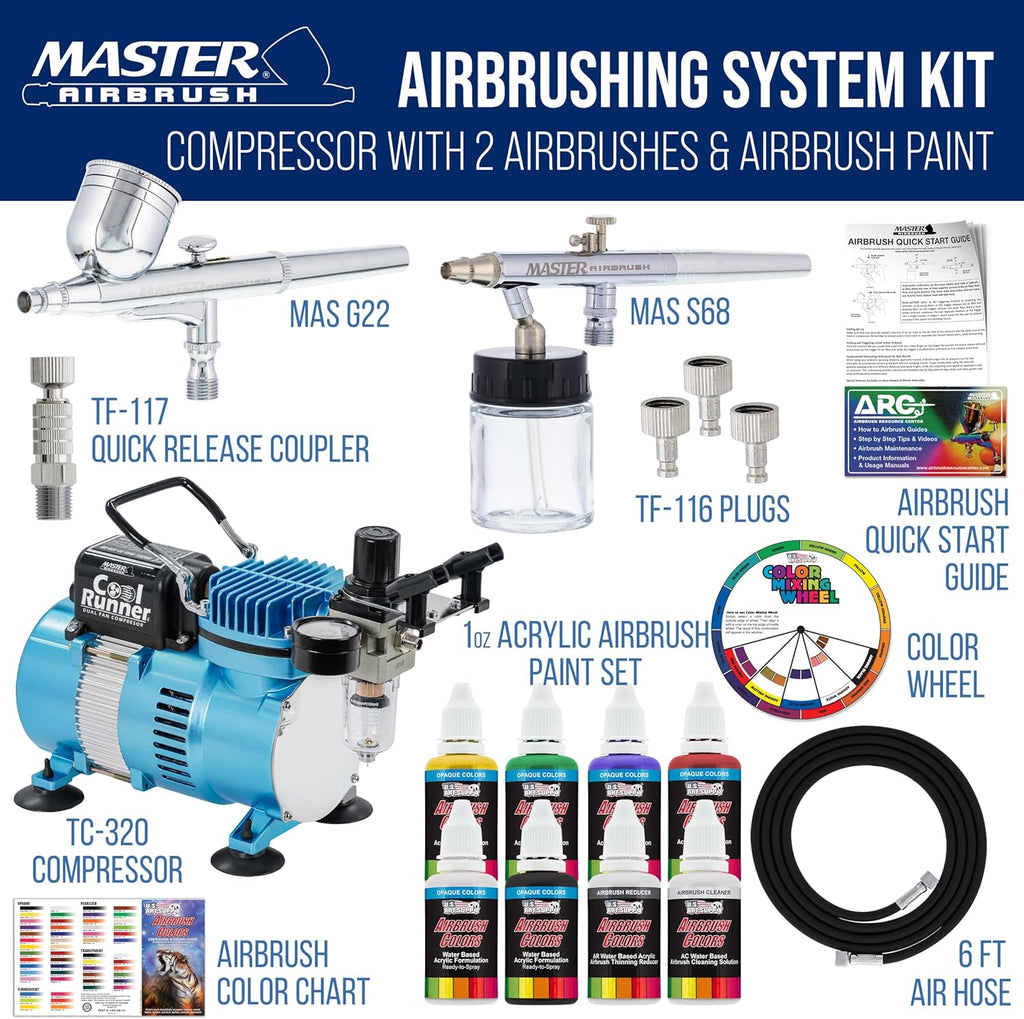 Maste Airbrus Coo Runne I Ai Brus Ki wit Dua Fa Compresso  Airbrushe Include Primar Acryli Pain Color Artis Set How-t Guide Colo Char Hose