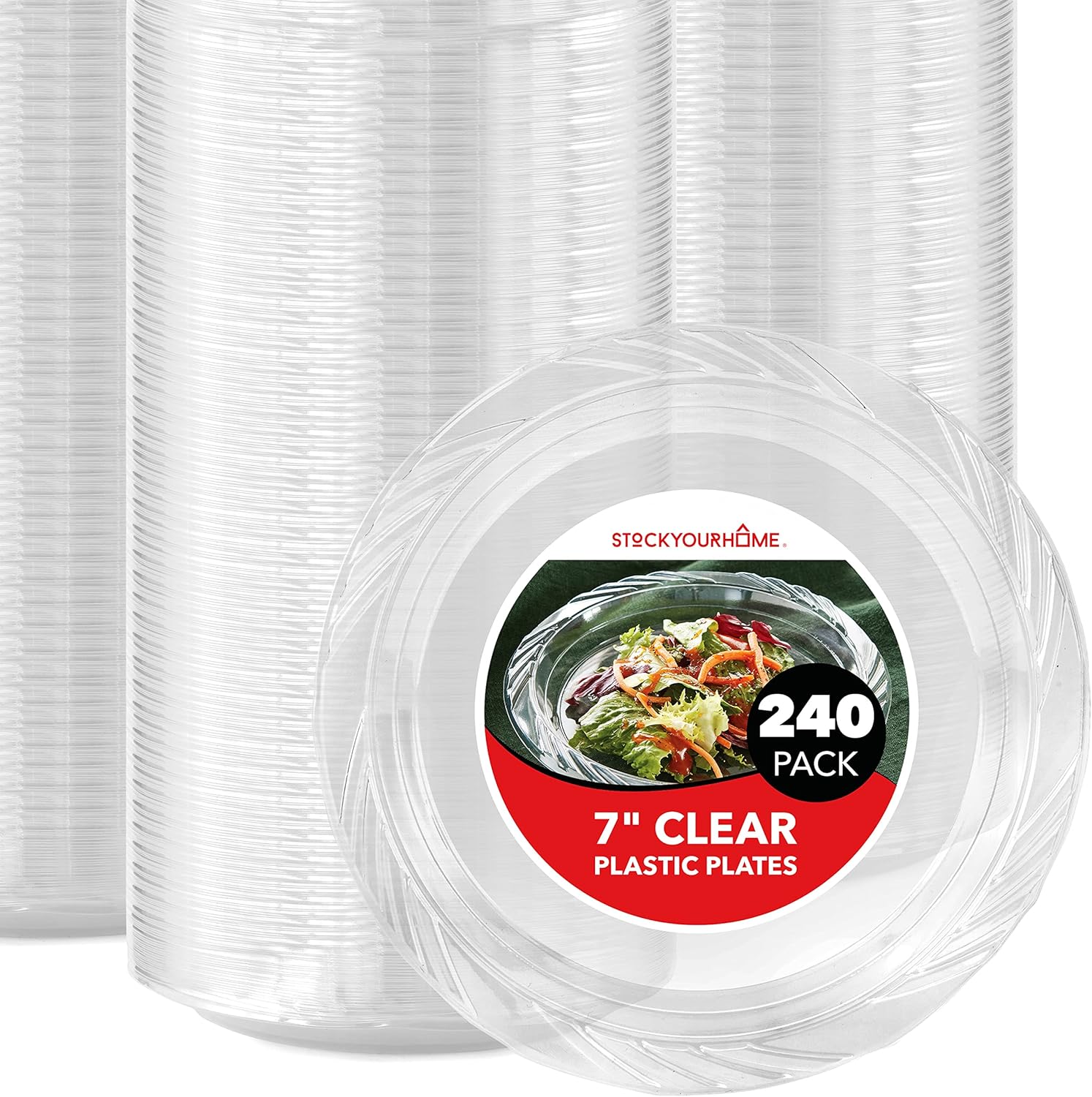 Stock Your Home 240-Count, 7 Inch Clear Plastic Plates, Flexible, Disposable Heavy Duty Party Dinner Plate, for Wedding Reception, Holiday Parties, Cake, Dessert, Appetizers, Salad, Medium Size
