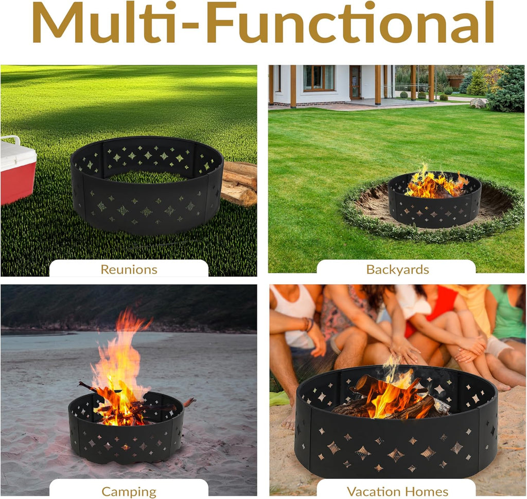 Sunnydaze 36-Inch Outdoor Fire Pit Ring with Poker - Round Heavy-Duty Steel Fire Ring for Camping or Backyard - Diamond - 10inch H