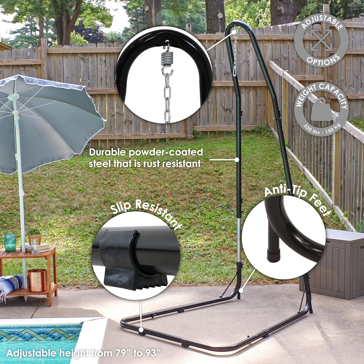 Sunnydaz Adjustabl Hammoc Chai Stan Onl 79-Inc t 93-Inc Tal Hangin Chai Stan Heavy-Dut 330-Poun Weigh Capacity