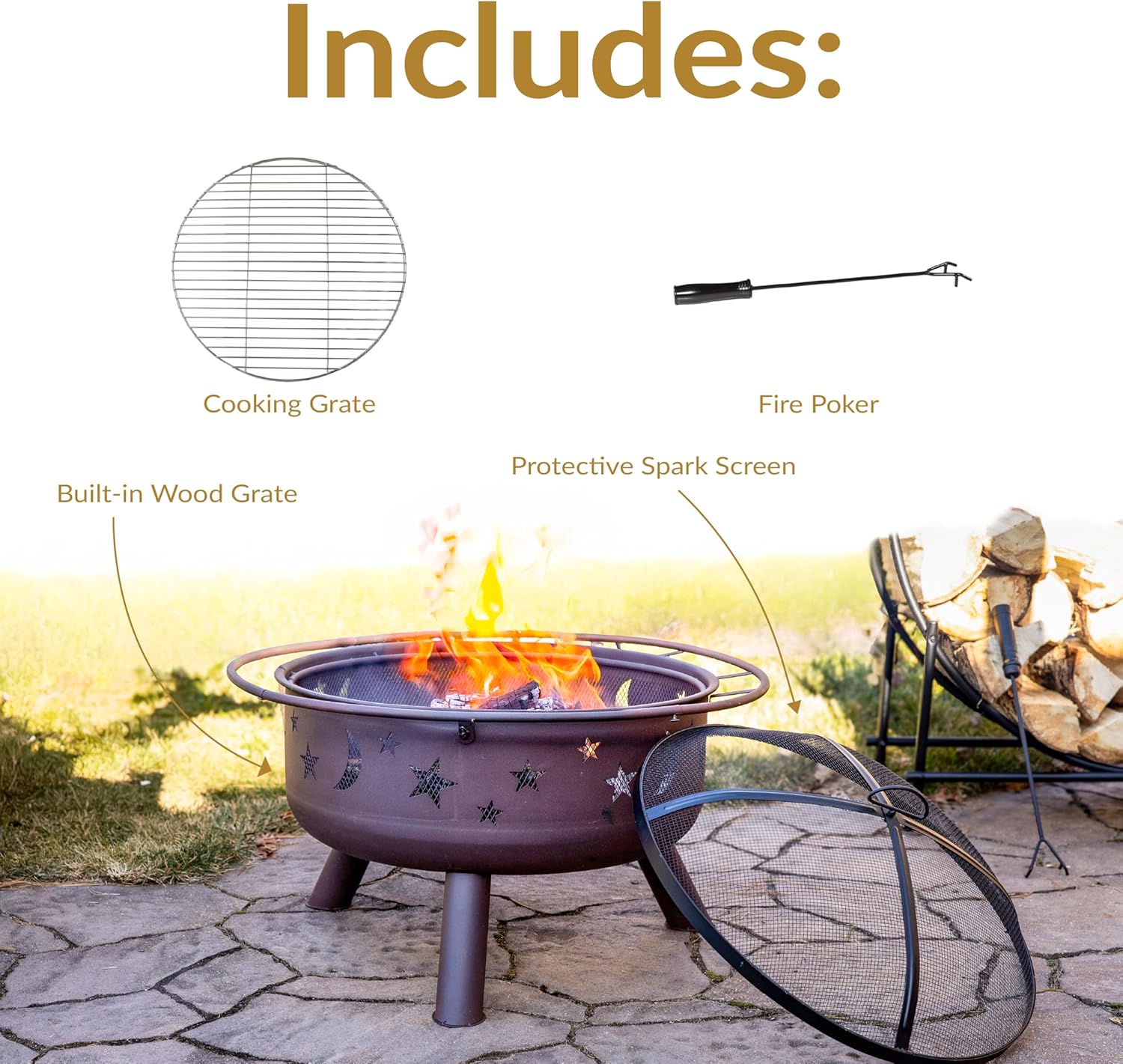 Sunnydaz Cosmi 30-Inc Pati Fir Pi fo Outsid Outdoo Wood-Burnin Fir Pi wit Gril Grate Spar Screen an Fireplac Poker