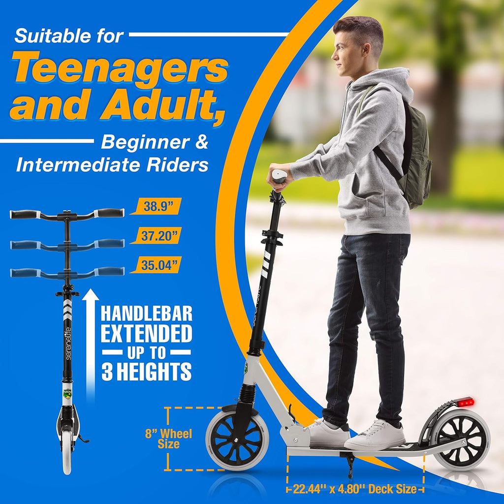 SereneLife Two Wheel Scooter for Teens, Smooth Gliding Kick Scooter for Adults w/Adjustable Height for Ages 8+, Portable All Terrain Scooter w/Carry Straps, Easy to Fold