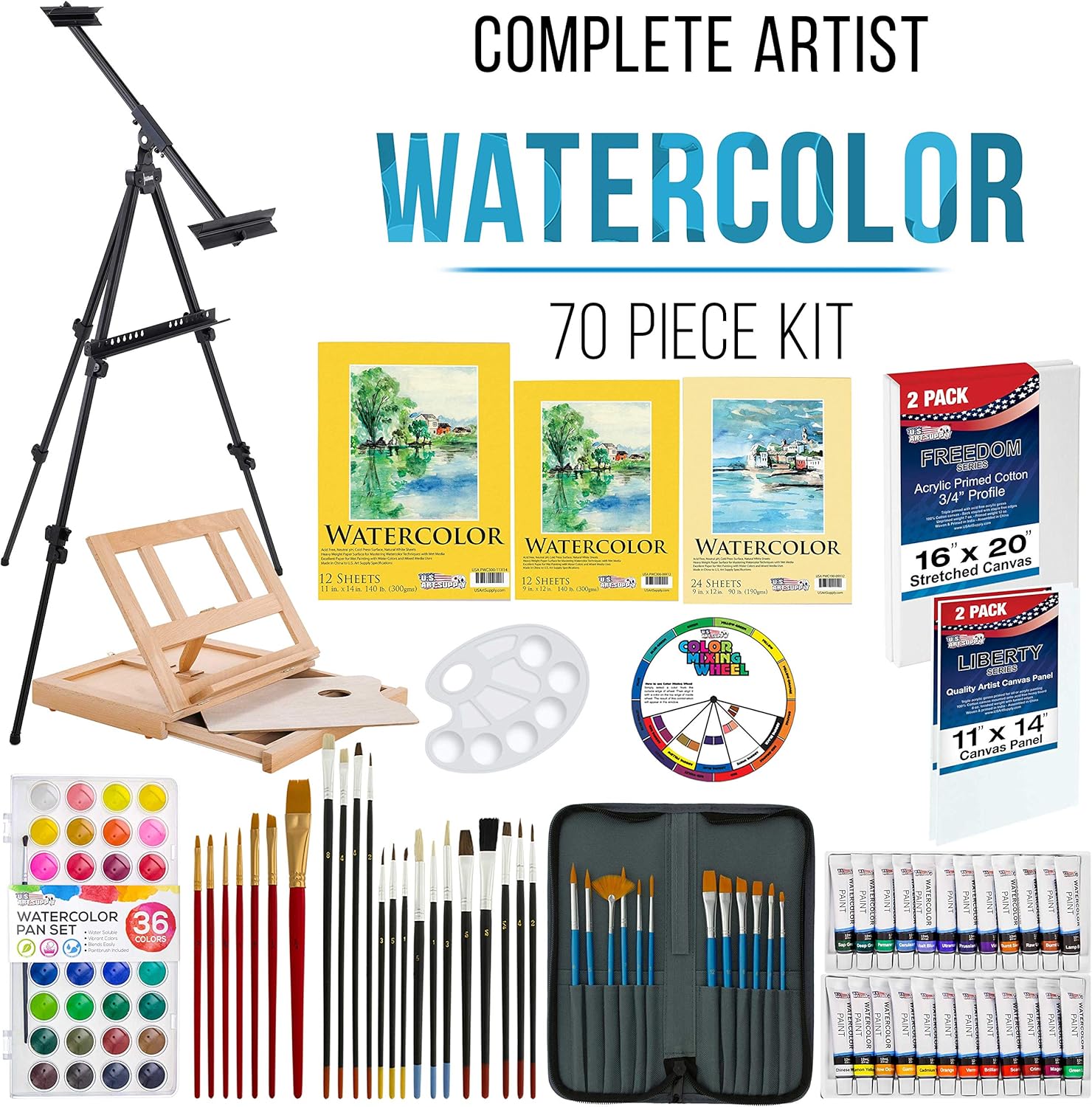 U.S Ar Suppl 70-Piec Artis Watercolo Paintin Se wit Aluminu Fiel Easel Woo Tabl Easel 6 Watercolo Pain Colors 3 Brushes Stretche Canvases Canva Panels Pape Paintin Pad