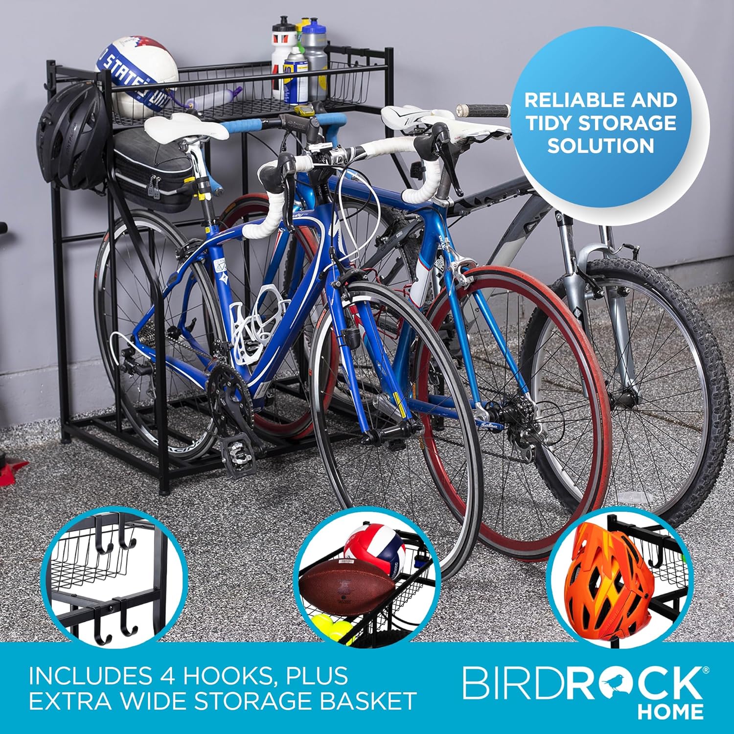 BIRDROC HOM Bik Rac Garag Storag Floo Stan Freestandin Organize fo Outdoo Yar Uprigh Wal Moun fo Scooters Rakes Motorcycles Hoverboards Glove Hold Bicycl Black