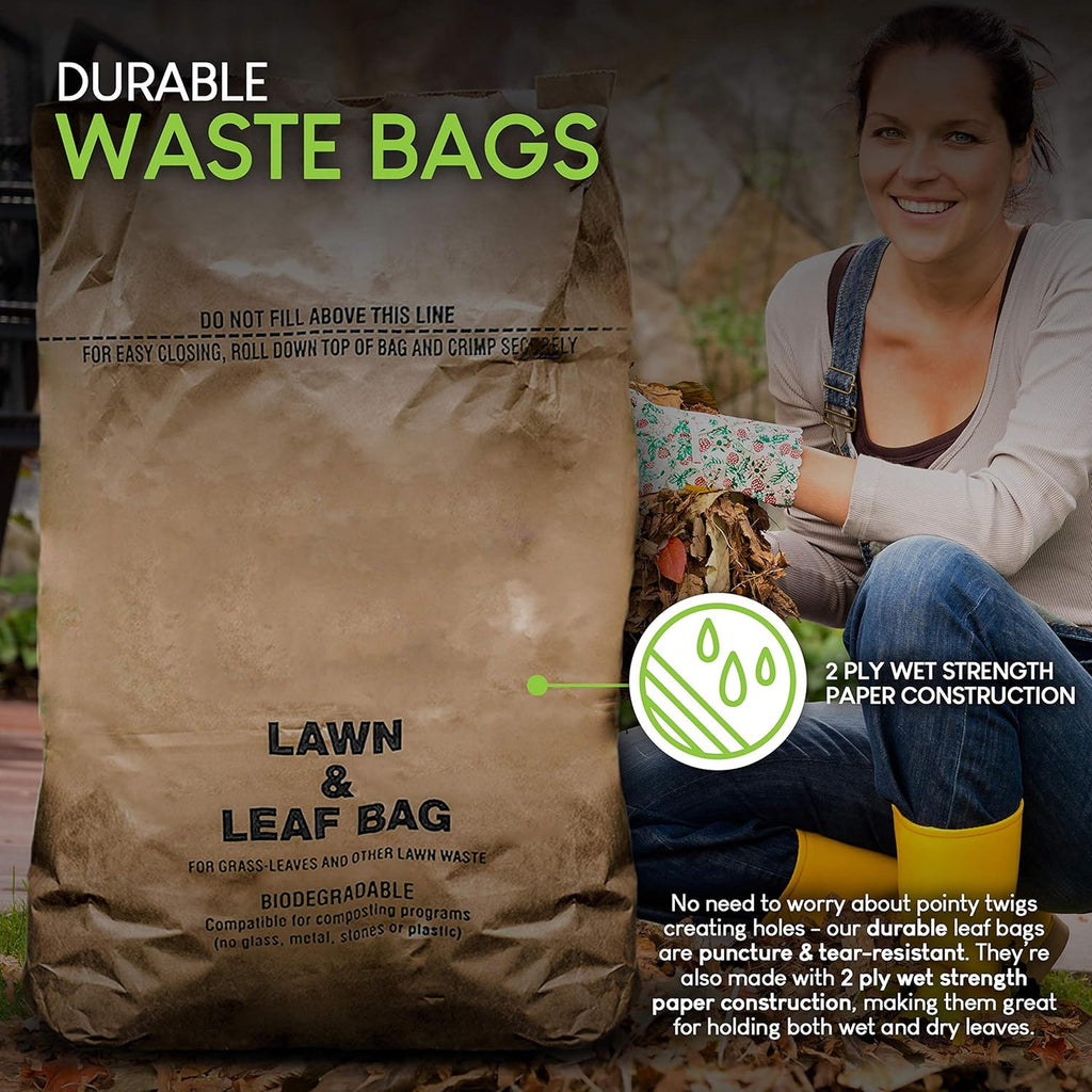 30 Gallon Kraft Lawn and Leaf Bags (20 Pack) Eco-Friendly Heavy Duty Large Paper Trash Bags, Tear Resistant Yard Waste Bags for Grass Clippings, Wet and Dry Leaves, Weeds, Twigs