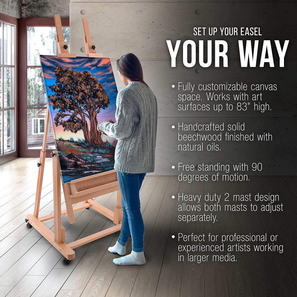 U.S Ar Suppl Extr Larg Doubl Mas Woode H-Fram Easel Adjustabl Studi Artis Ease fo Paintin wit Rotatin Canva Stand Artis Storag Tra Lockin Pr Caste Wheels Premiu Beechwood