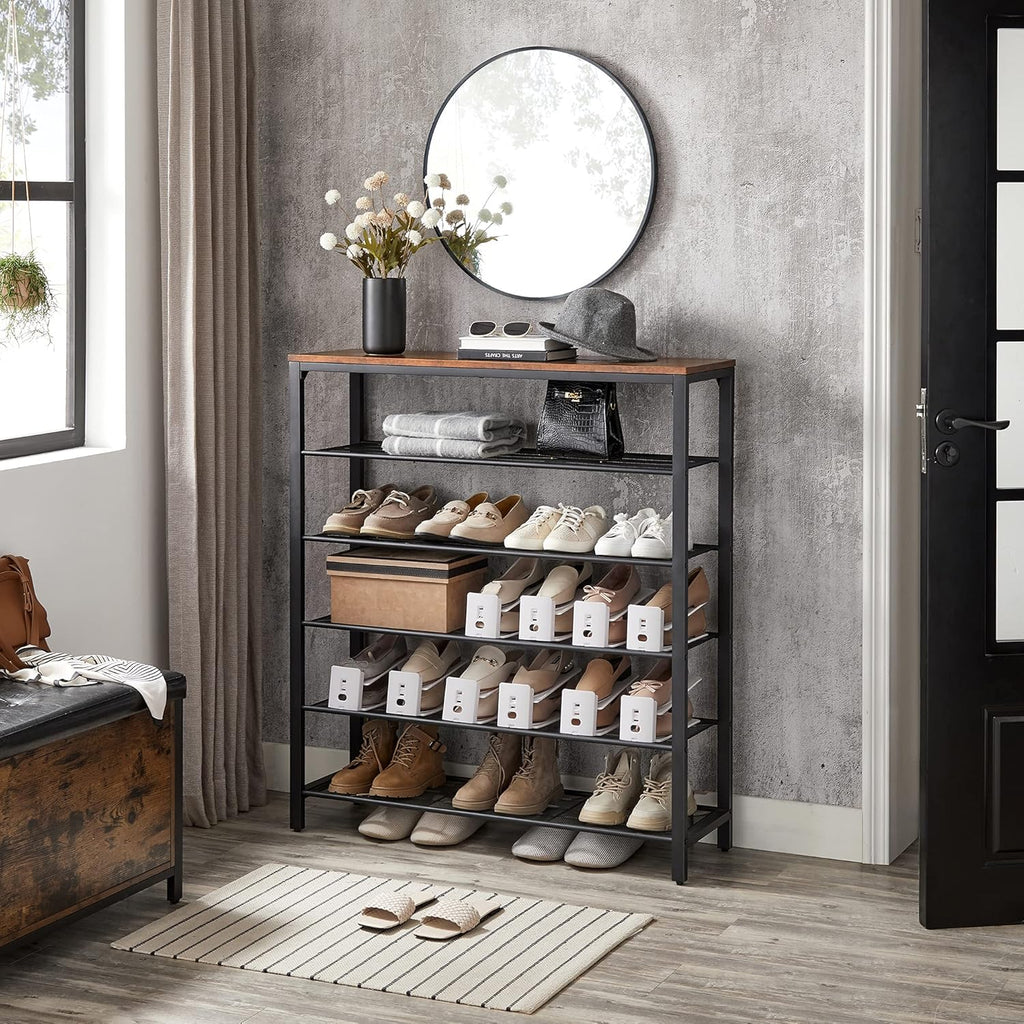 6-Tier Shoe Rack, Shoe Organizer for Closet, Entryway, 24-30 Pairs of Shoes, Large Shoe Rack Organizer with 5 Metal Mesh Shelves, 11.8 x 39.4 x 43.3 Inches, Rustic Brown and Black ULBS016B01