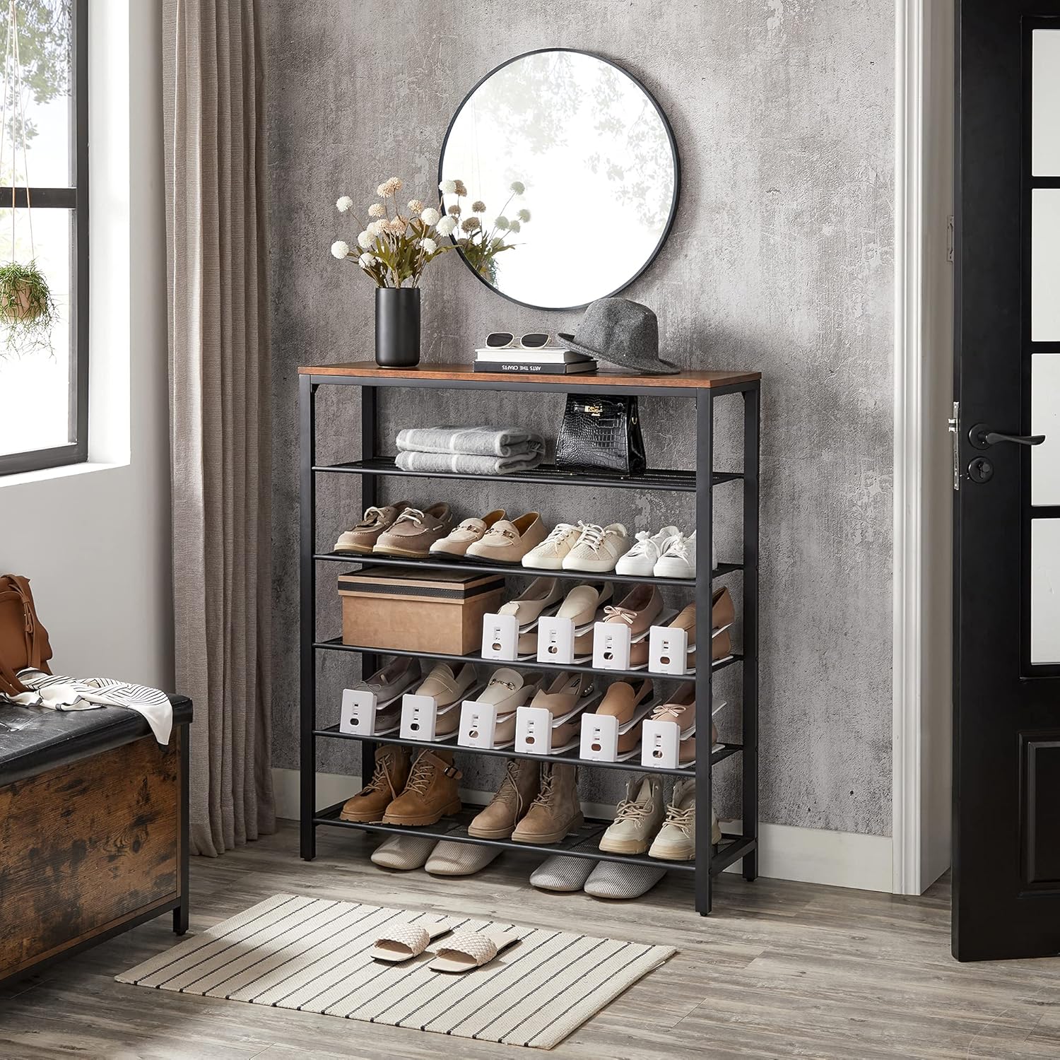 6-Tier Shoe Rack, Shoe Organizer for Closet, Entryway, 24-30 Pairs of Shoes, Large Shoe Rack Organizer with 5 Metal Mesh Shelves, 11.8 x 39.4 x 43.3 Inches, Rustic Brown and Black ULBS016B01