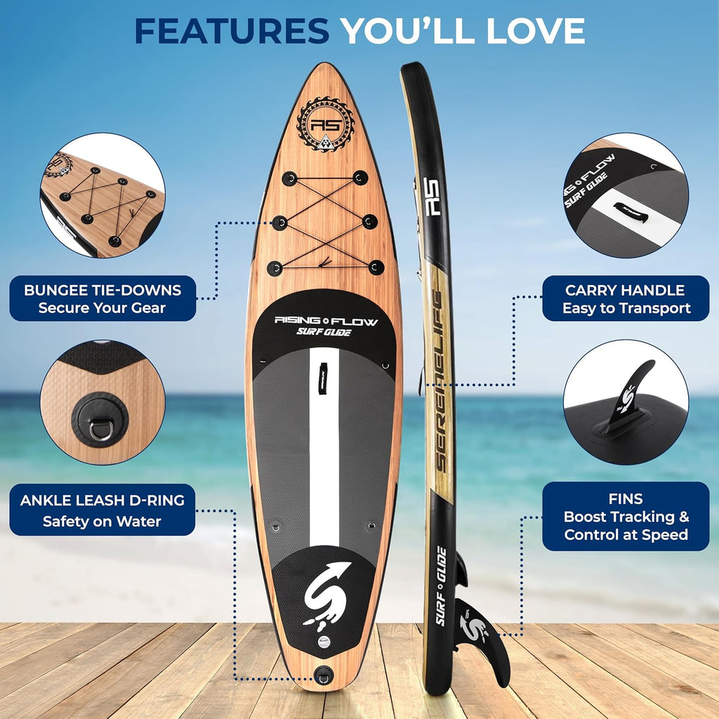 SereneLife Inflatable Stand Up Paddle Board with Premium SUP Accessories ¨C Wide Stable Design with Non-Slip EVA Deck Pad for Adults and Youth of All Skill Levels, 350 lbs Capacity