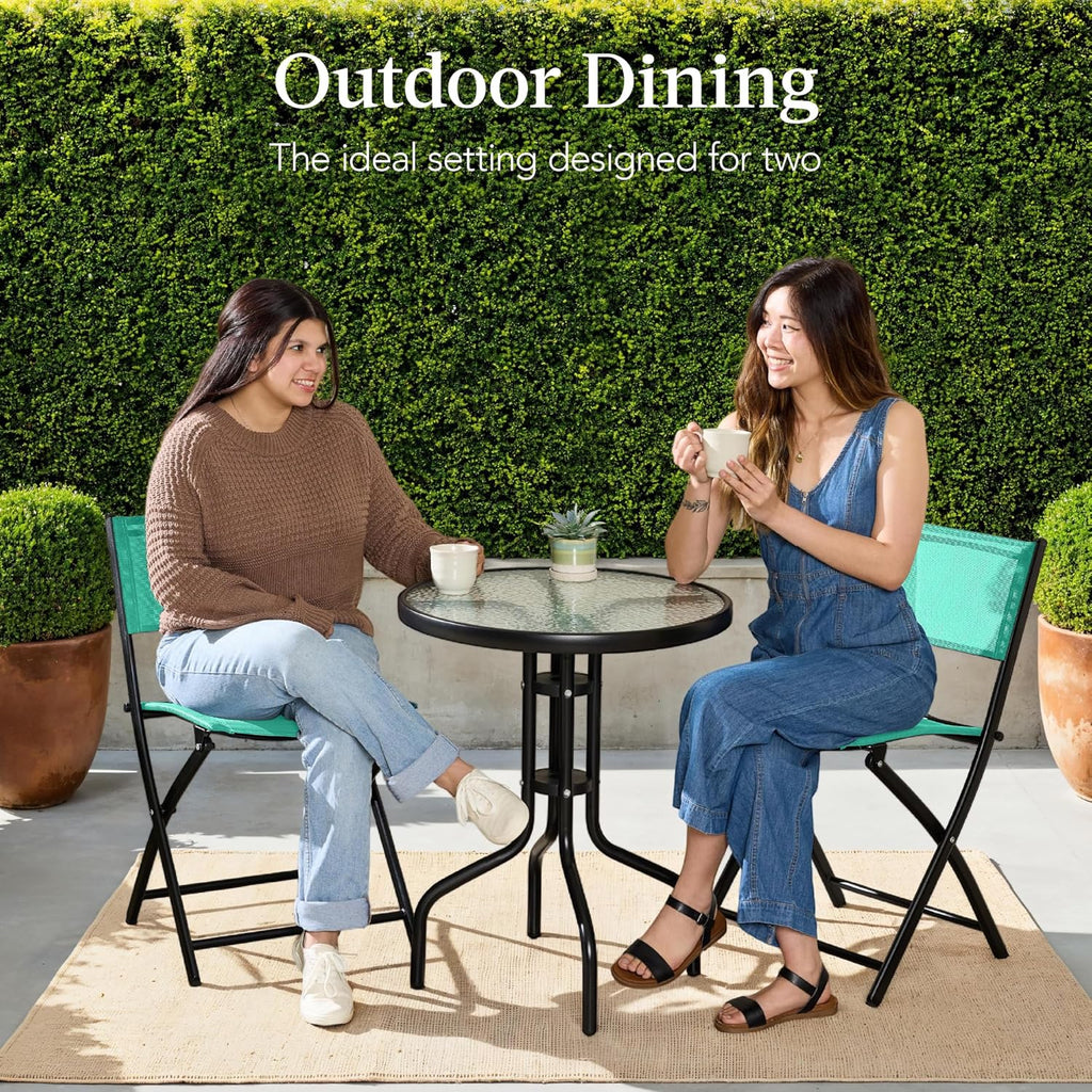 Best Choice Products 3-Piece Patio Bistro Dining Furniture Set w/Textured Glass Tabletop, 2 Steel Folding Chairs, Polyester Fabric - Mint