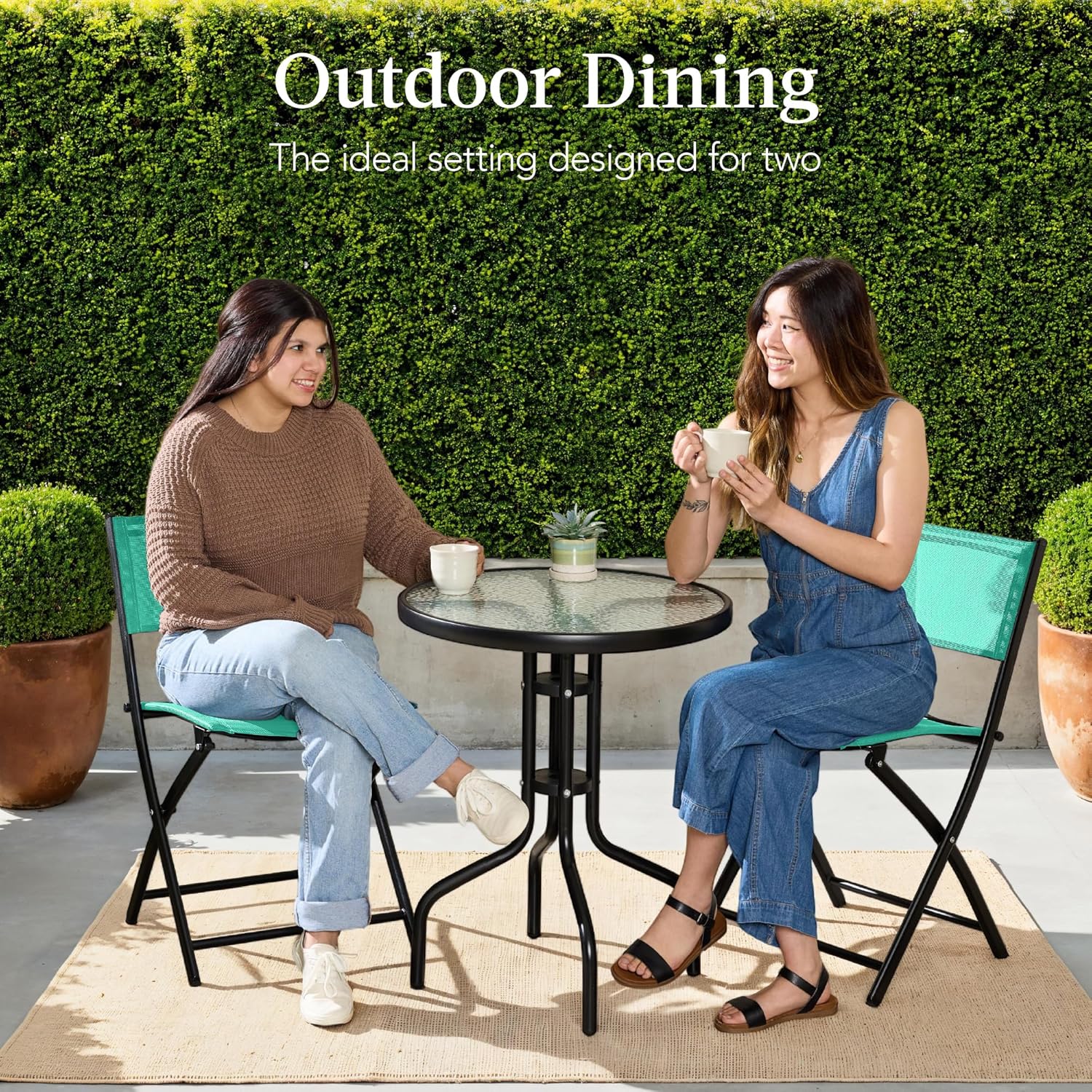 Best Choice Products 3-Piece Patio Bistro Dining Furniture Set w/Textured Glass Tabletop, 2 Steel Folding Chairs, Polyester Fabric - Mint