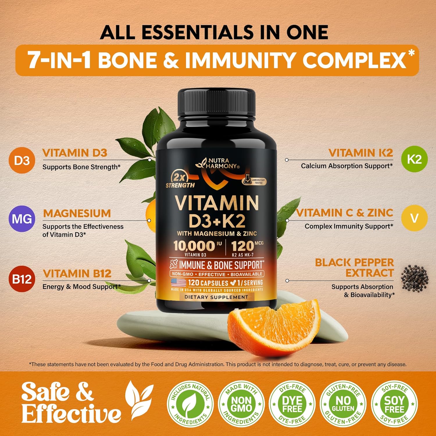 Vitamin D3 K2 - Vitamin D3 10000 iu & K2 as MK-7 120 mcg - Immune & Mood Support, for Bone & Teeth Health - with Magnesium, Zinc & Vitamin C & B12 - Highly Bioavailable - Made in USA, 120 Capsules