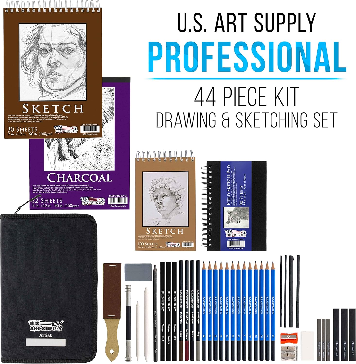 U.S Ar Suppl 44-Piec Drawin Sketchin Ar Se wit Sketc Pad (24 Pape Sheets Professiona Artis Kit Graphite Charcoal Paste Pencil Sticks Eraser Pop-U Carr Case Student