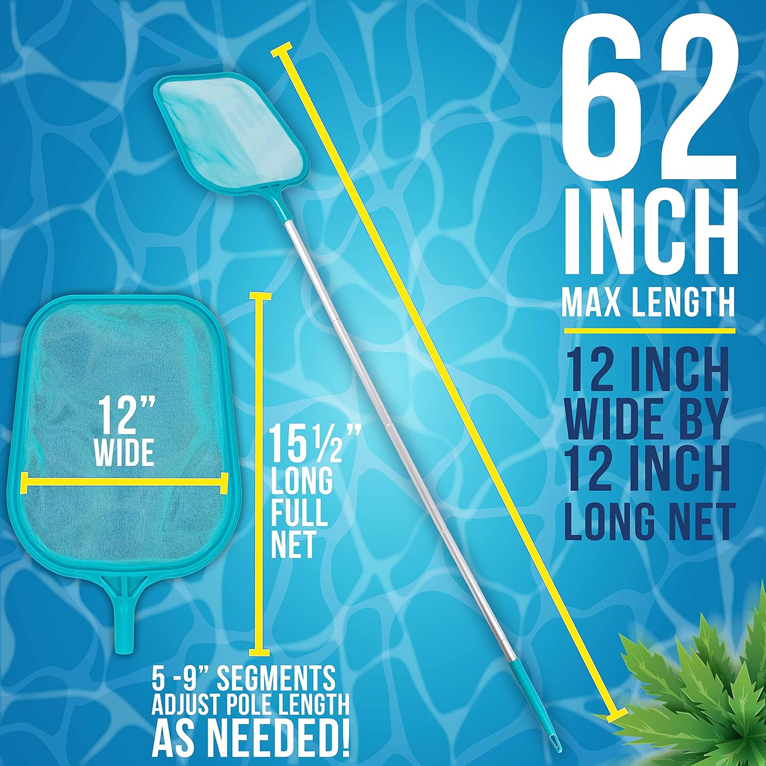 U.S. Pool Supply Swimming Pool 4 Foot Leaf Skimmer Net with 4 Connecting Aluminum Pole Sections - Fine Mesh Netting for Fast Cleaning of Debris - Clean Spas Ponds