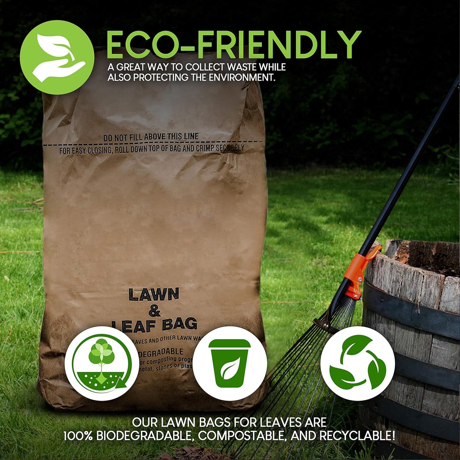 30 Gallon Kraft Lawn and Leaf Bags (20 Pack) Eco-Friendly Heavy Duty Large Paper Trash Bags, Tear Resistant Yard Waste Bags for Grass Clippings, Wet and Dry Leaves, Weeds, Twigs