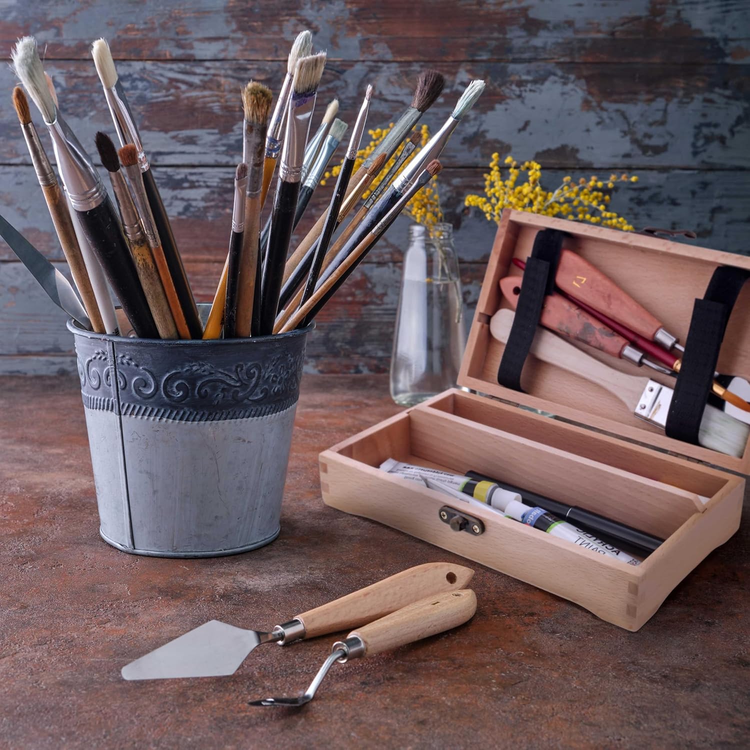 U.S Ar Suppl Multi-Functio Artis Suppl Bo wit Lockin Clasp Woode Ar Bo fo Artis Supplies Brushes Pencils Erasers Too Storag Organize Cas t Protec an Transport