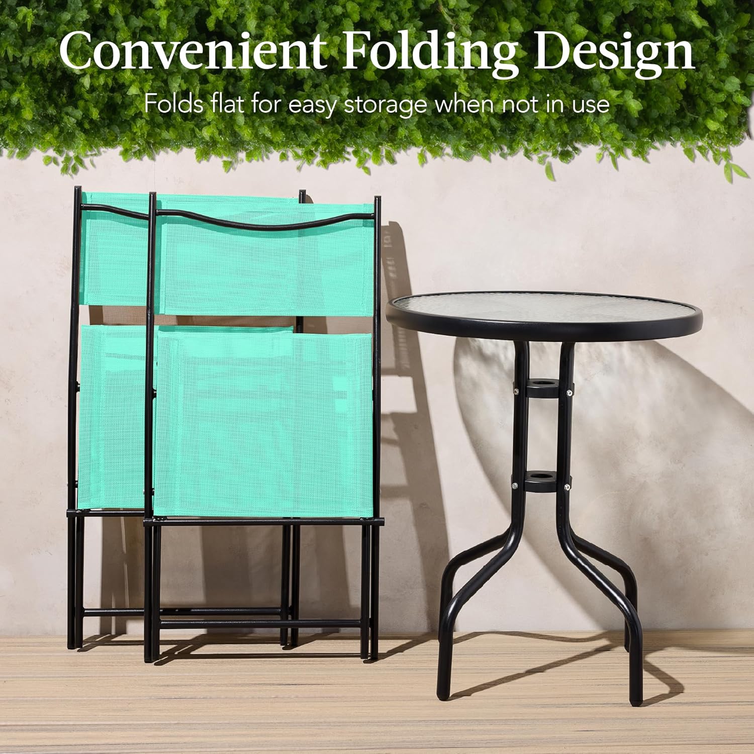 Best Choice Products 3-Piece Patio Bistro Dining Furniture Set w/Textured Glass Tabletop, 2 Steel Folding Chairs, Polyester Fabric - Mint