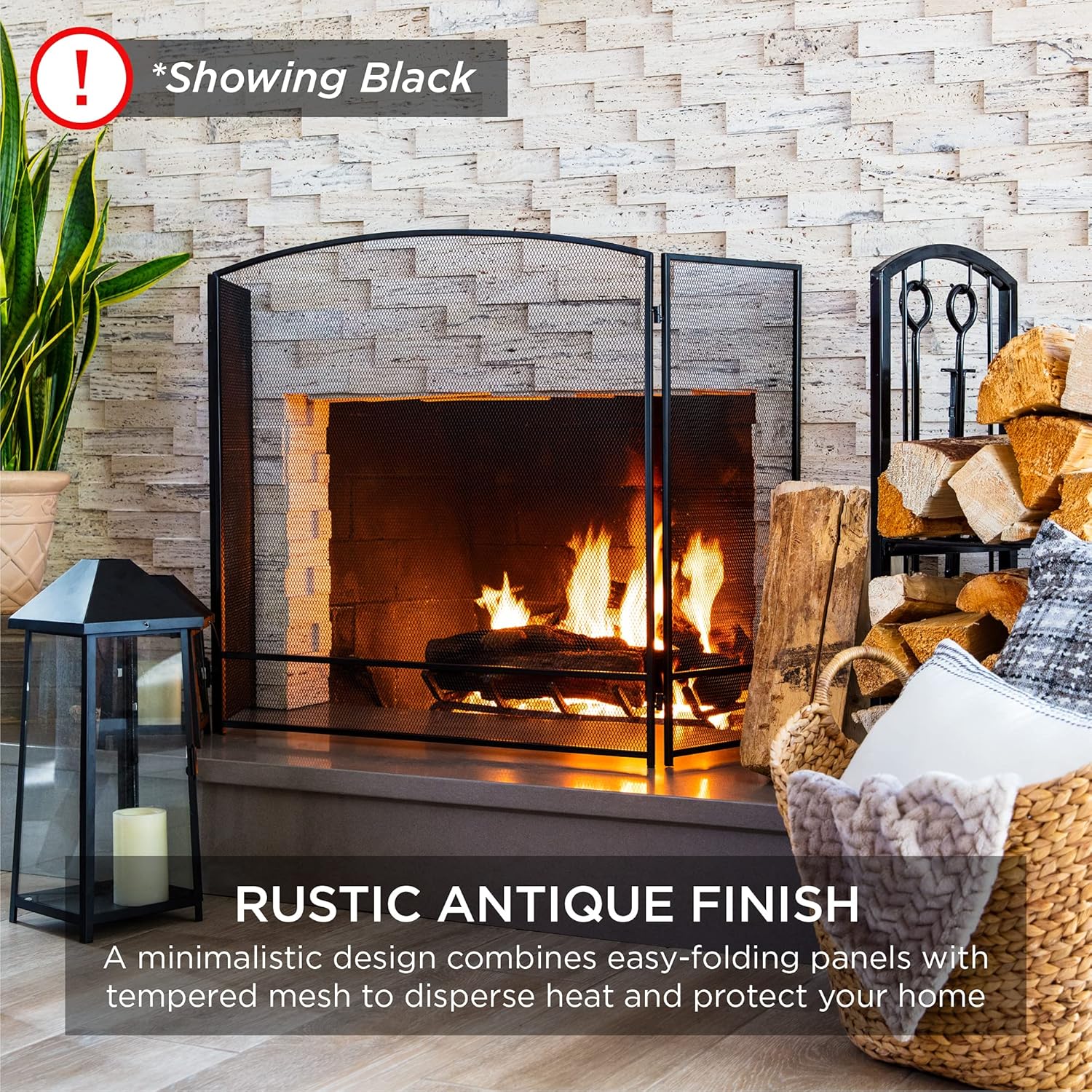 Best Choice Products 47.5x27.25in 3-Panel Simple Steel Mesh Fireplace Screen, Fire Spark Guard Grate for Living Room Home Decor w/Rustic Worn Finish - Antique Gold