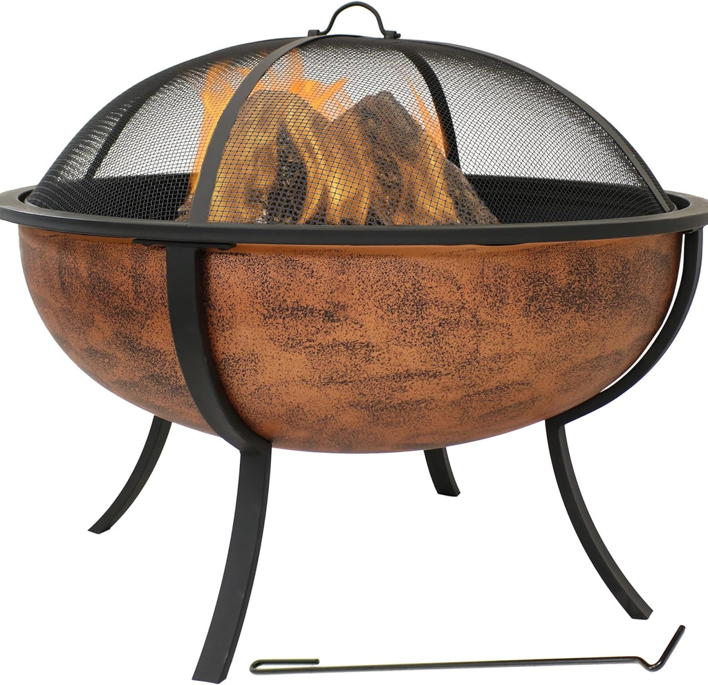 Sunnydaz 32-Inc Coppe Fir Pi fo Outsid Wood-Burnin Fir Pi Bow wit Spar Screen Woo Grate an Poker