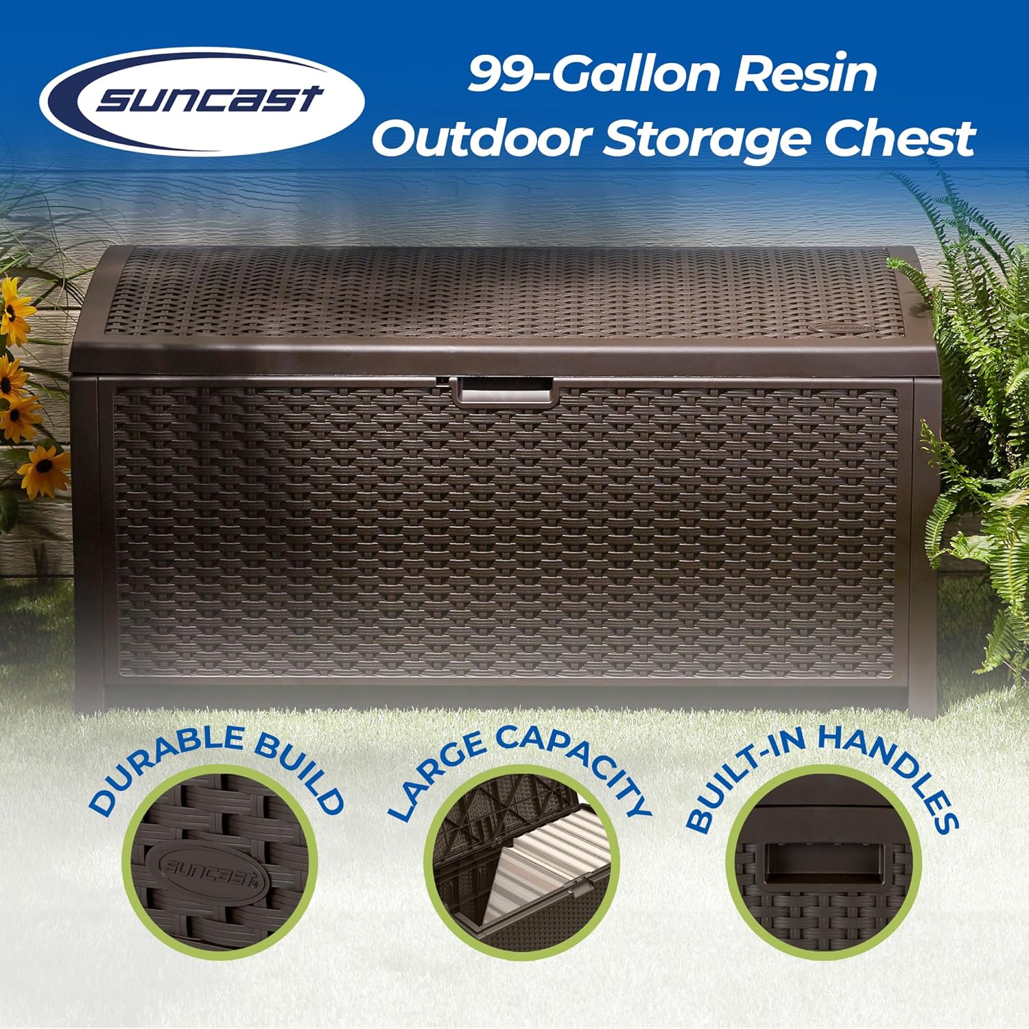 99 Gallon Plastic Wicker Deck Box Container Storage for Garden, Garage, Home, Pool, Indoor and Outdoor Use, Mocha (2 Pack)
