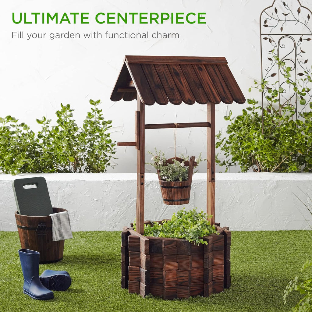 Bes Choic Product Rusti Woode Wishin Wel Plante Outdoo Hom D¨¦co fo Patio Garden Yar w/Hangin Bucket