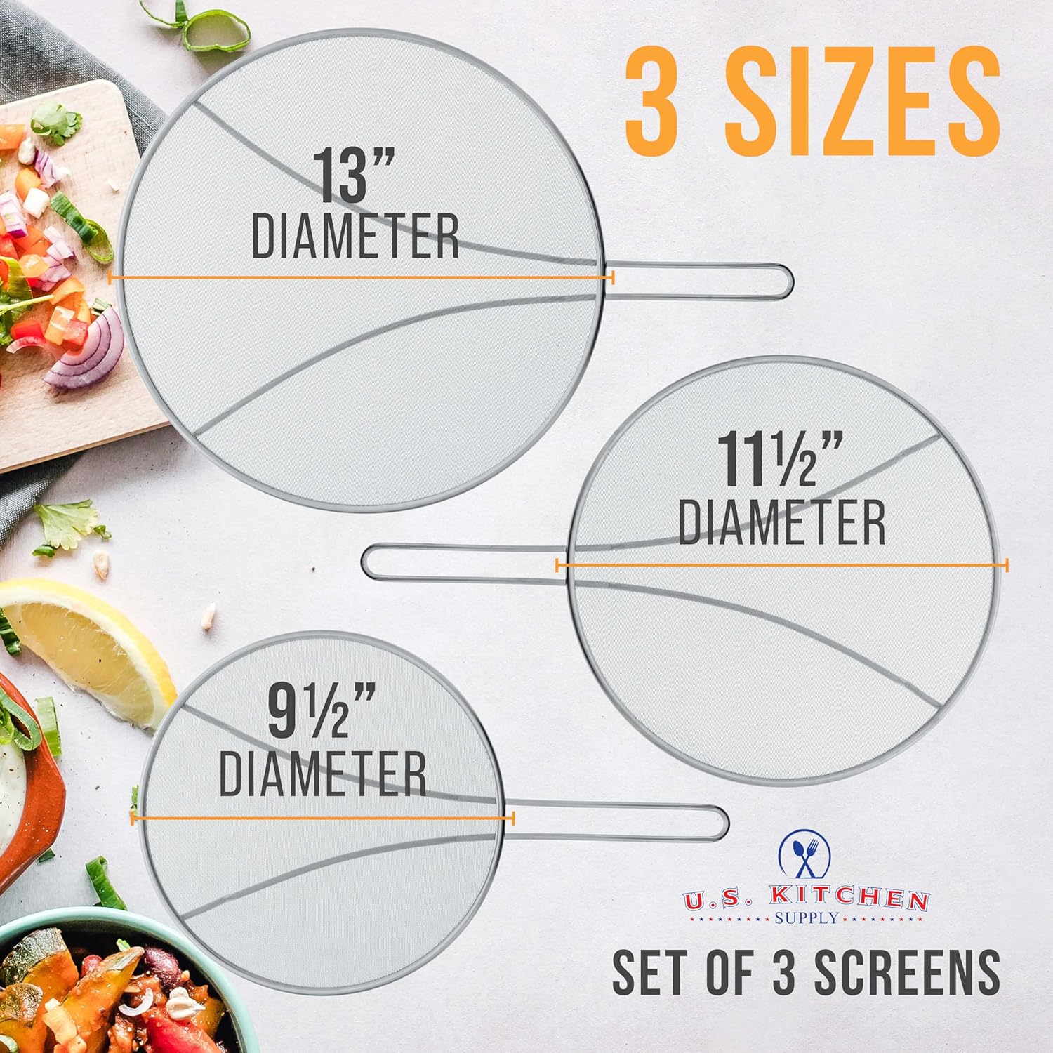 U.S. Kitchen Supply Set of 3 Stainless Steel Splatter Screen - 13inch, 11.5inch 9.5inch Sizes - Fine Mesh Splatter Screen with Resting Feet Set, Grease Guard for Kitchen Pots and Pans