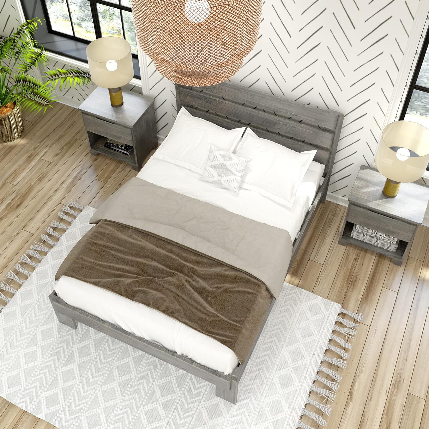 Max & Lily Modern Farmhouse Platform Bed with Plank Headboard, Full, Driftwood