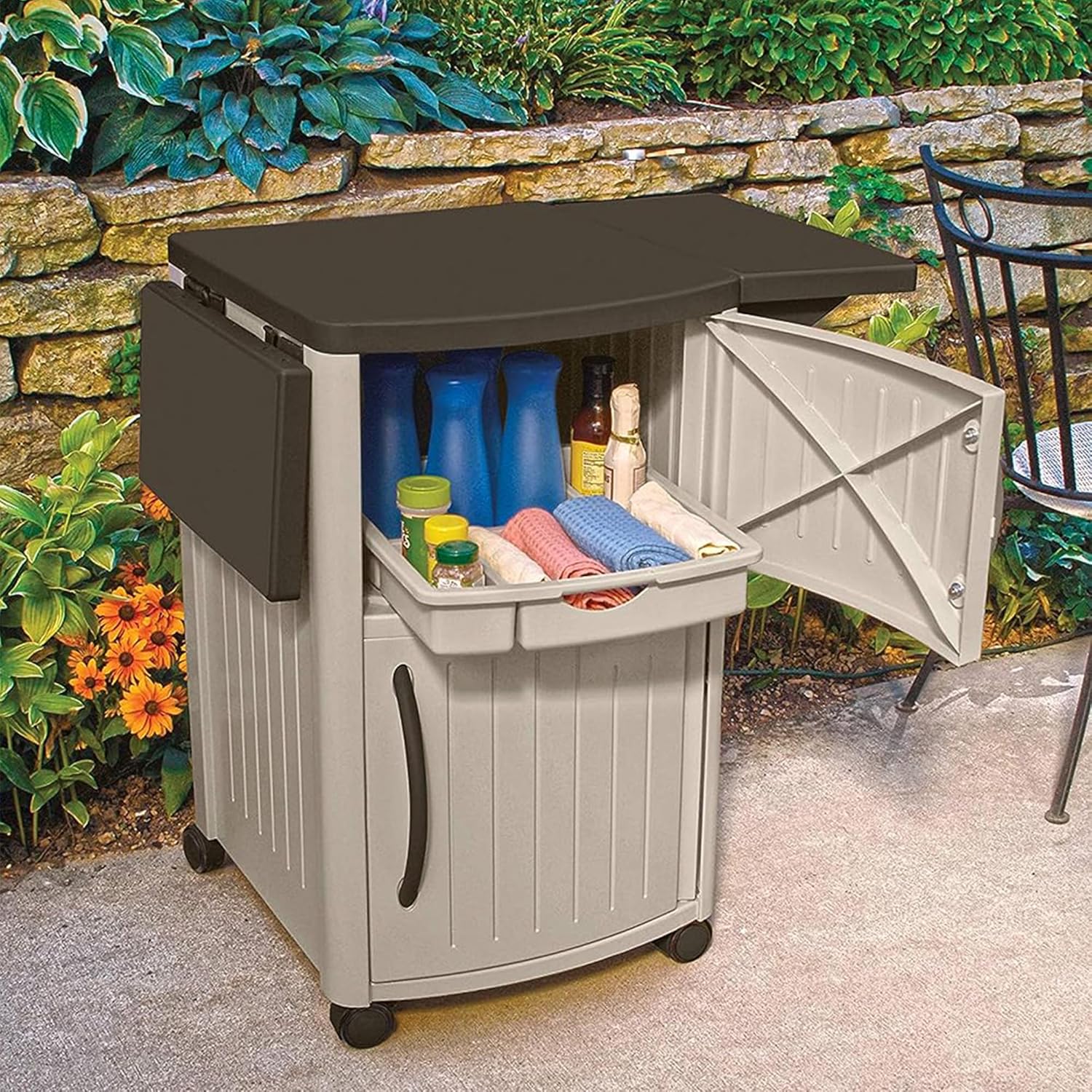 Suncast Serving Station Patio Cabinet, Portable Grill Prep Table, Light Taupe & Mocha - Includes Side Shelves, Storage Cabinets, Server Tray and Wheels for Outdoor BBQ Grilling and Backyard Dining
