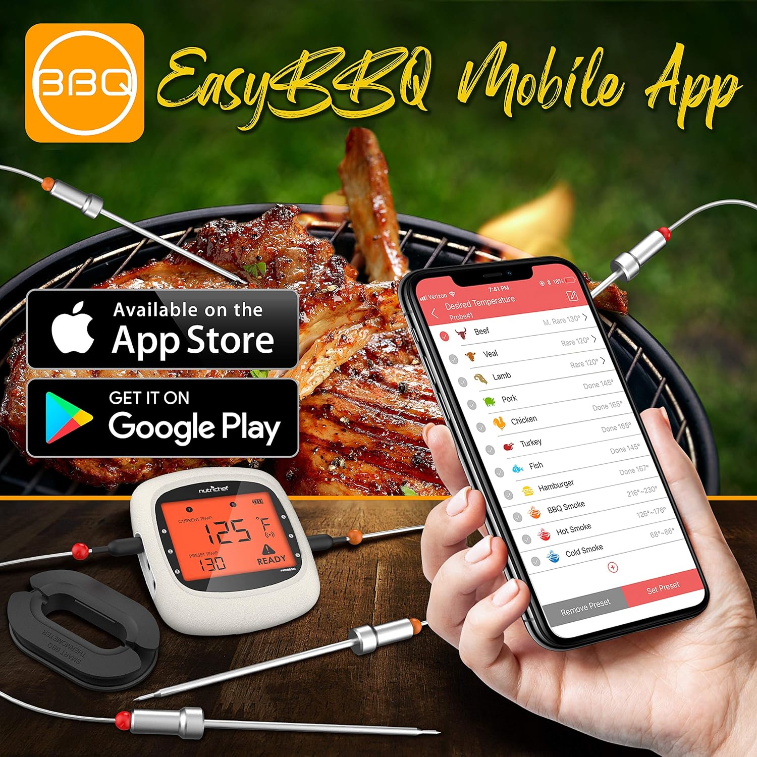 Nutrichef Bluetooth Meat Thermometer for Grilling and Smoking with 6 Wireless Meat Probes, 6 Channels with LCD Display