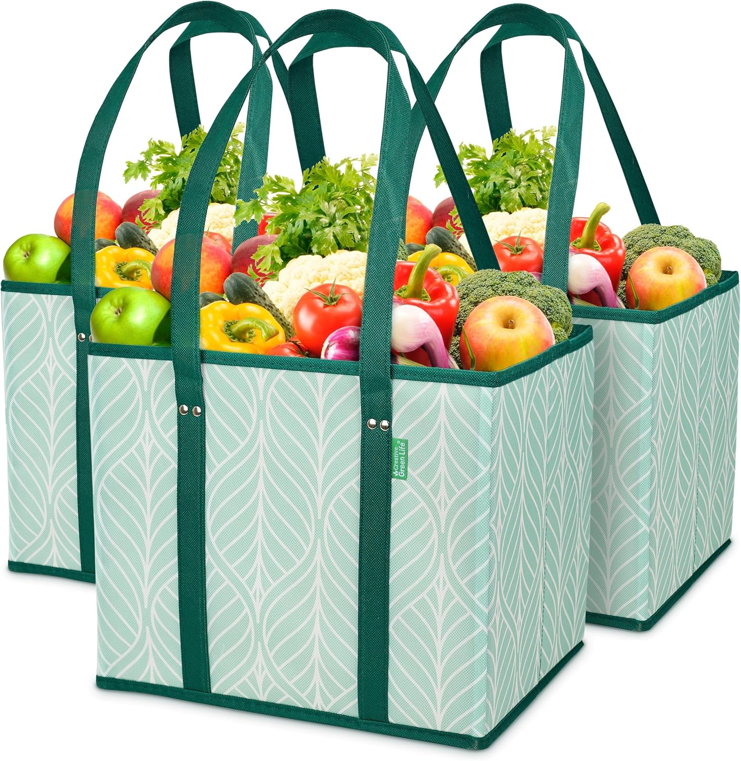 Reusable Grocery Bags (3 Pack) ¨C Heavy Duty Reusable Shopping Bags for Groceries with Box Shape to Stand Up, Stay Open, Fold Flat ¨C Large Tote-Bag is Foldable with Long Handles Hard Bottom (Green)